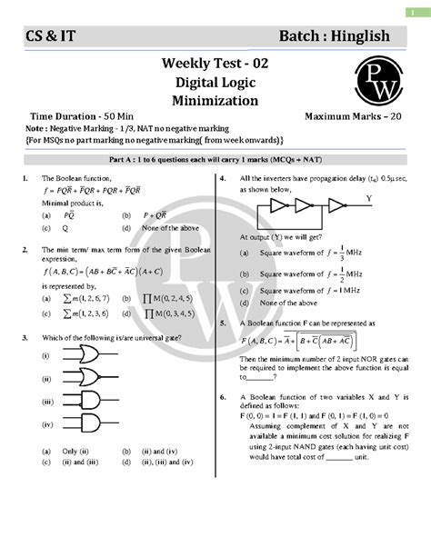 Digital logic Weekly Test 02 - Test Paper - 1 CS & IT Batch : Hinglish ...
