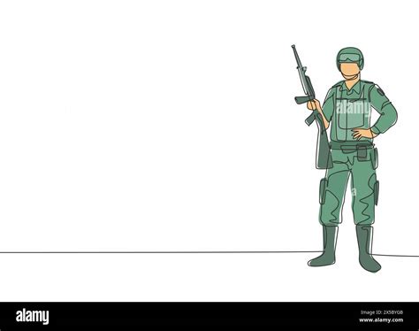 Single continuous line drawing of young male soldier pose standing and ...