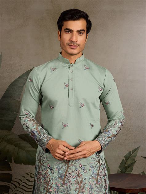 Pista Green Viscose Silk Men’s Kurta with Thread & Sequin Embroidery ...