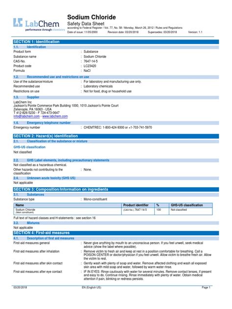 Sodium Chloride: Safety Data Sheet | PDF | Toxicity | Firefighting