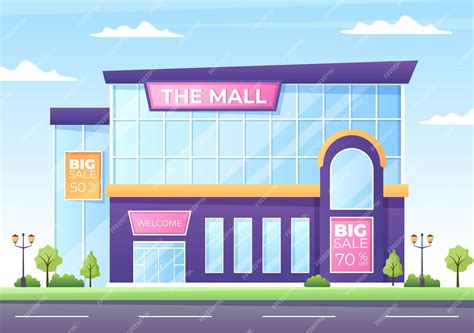 Modern shopping mall building background illustration with exterior and ...