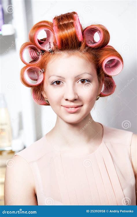 Red-haired Girl in Hair Curlers Stock Photo - Image of blond, beautiful ...
