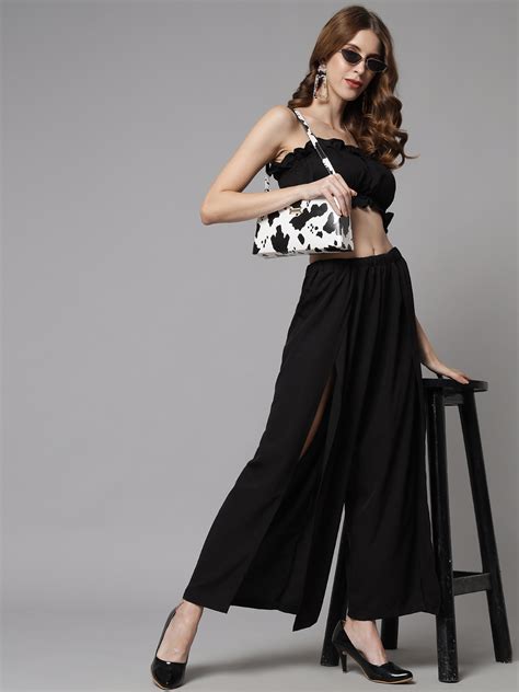 Emeros Women Black Colored Solid Blouson Top with Co-ordinated Slit ...