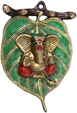 eCraftIndia Golden Metal Lord Ganesha in Red Dhoti on Green Leaf Wall ...