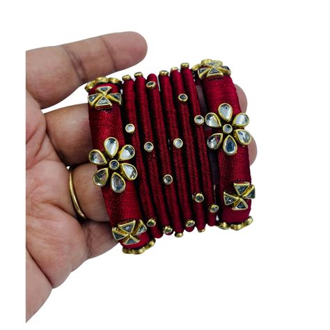 Yaalz Silk Thread Kundan Stone 8pcs Bangle Sets In Assorted Colors-Des