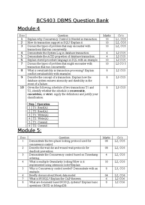 BCS403 DBMS Question Bank: Concurrency Control & Transactions - Studocu