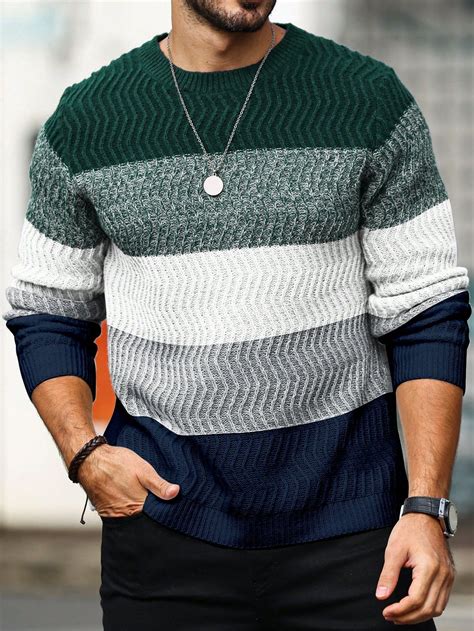 Men'S Loose Round Neck Color Block Knitted Sweater For Casual Wear ...