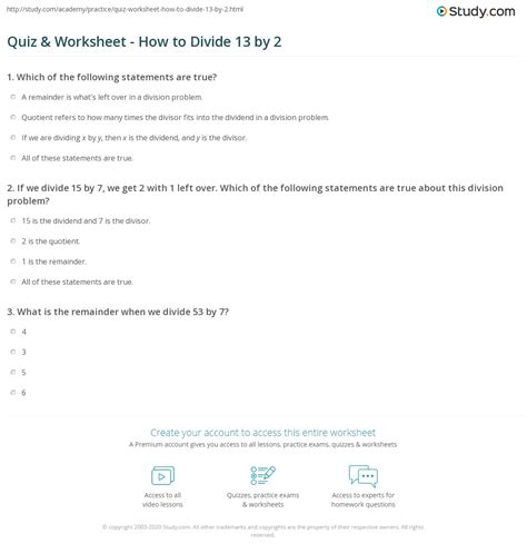 Quiz & Worksheet - How to Divide 13 by 2 | Study.com