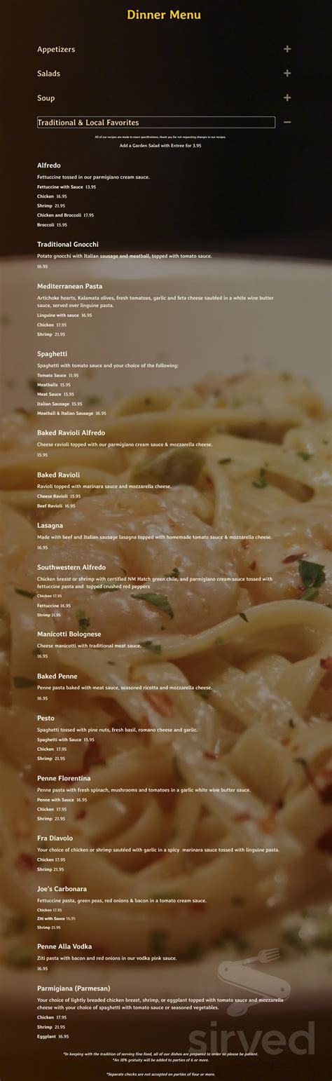 Joe's Pasta House menu in Rio Rancho, New Mexico, USA