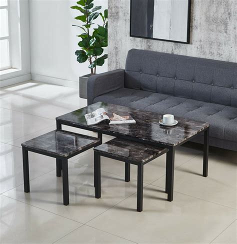Marble Effect Coffee Table in Black Brown and Grey, Side Table, Nest of Set of 3 - Marble Tables UK