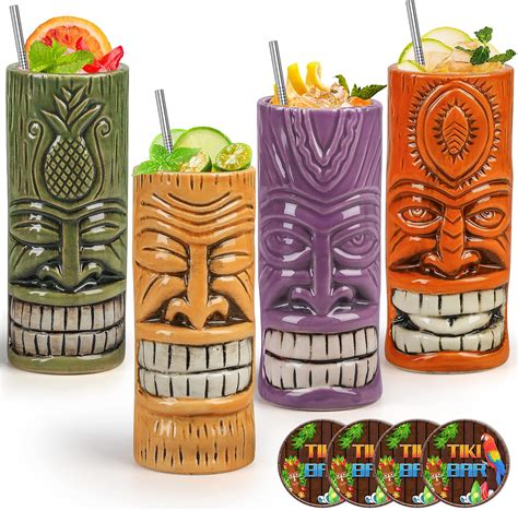 Amazon.com: Tiki Mugs Set of 4,Ceramic Tiki Hawaiian Party Mugs ...