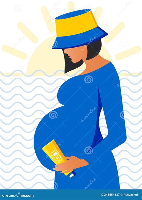Pregnant Stylish Woman in a Sun Hat Holds Sunscreen in Her Hands To ...
