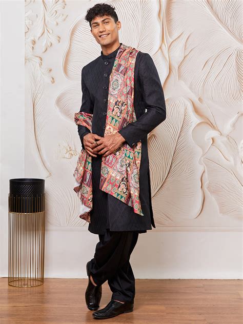Men's Sherwani Kurta Patiala Silk in Black | VASTRAMAY – vastramay