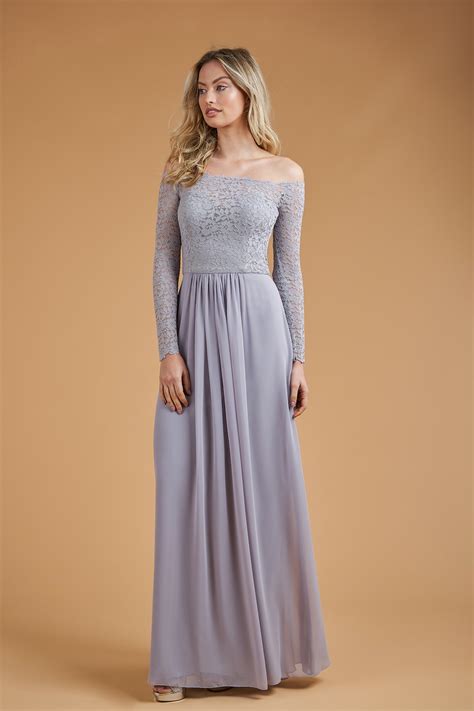 B223059 Off the Shoulder Poly Chiffon Bridesmaid Dress with Long Sleeves