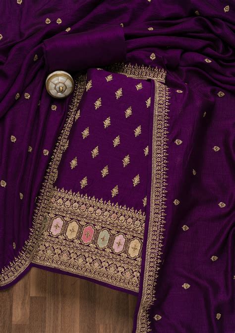 Buy Purple Zariwork Raw Silk Unstitched Salwar Suit - Koskii