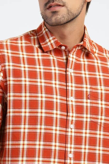 Orange Checked Casual Full Sleeves Shirt Collar Men Slim Fit Casual ...
