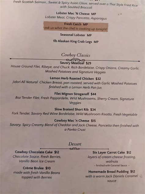Menu at The Gambling Cowboy steakhouse, Temecula