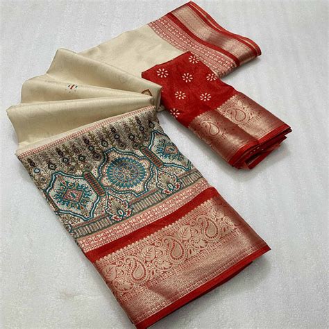 Beige & Red Printed Cotton Silk Saree With Exquisite Zari Woven Border
