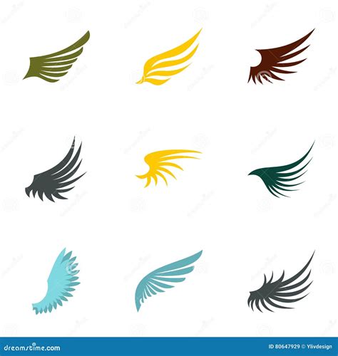 Types of Wings Icons Set, Flat Style Stock Vector - Illustration of ...