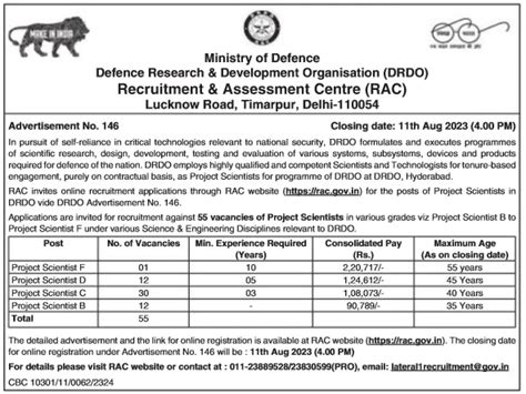 DRDO RAC Recruitment 2023 Apply Online Notification 259 Scientist Vacancies