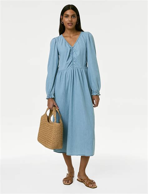 Buy Denim V-Neck Puff Sleeve Midi Column Dress at Marks & Spencer