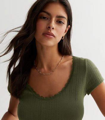 Khaki Pointelle Lace Trim Top | New Look