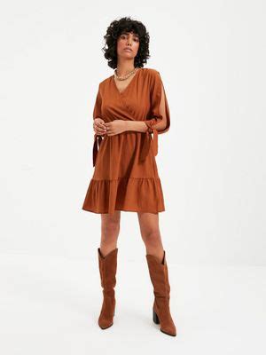 Buy Trendyol Brown V Neck Flared Mini Dress Online