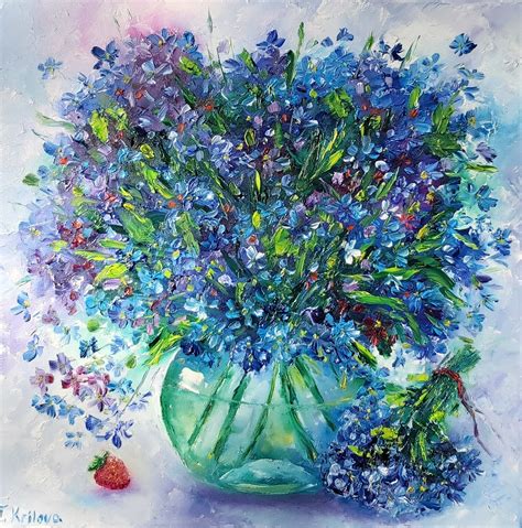 Blue flowers in a vase Painting by Tatiana Krilova - Oil Painting Vase Flowers