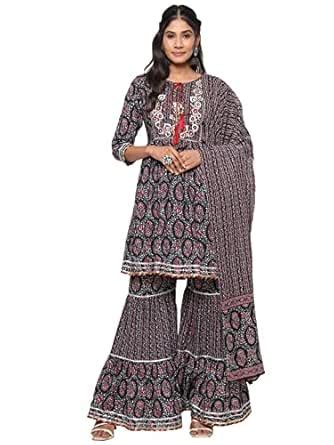 Buy Vbuyz Women'S Cotton Embroidered Flared Stitched Kurta Sharara With ...