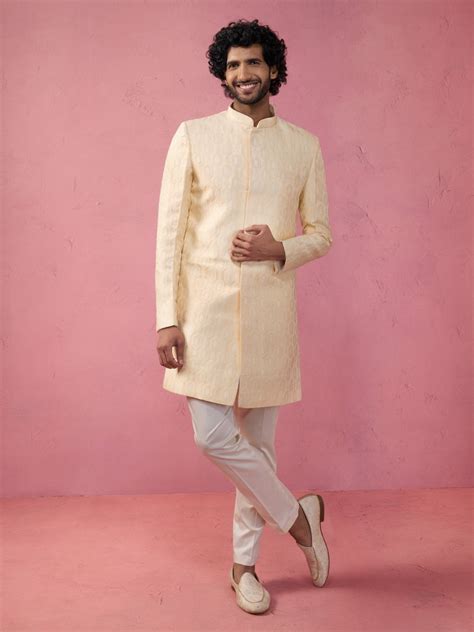 Men's Beige Jacquard Indo-Western Set | VASTRAMAY – vastramay