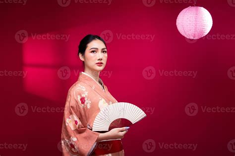 Half body Young 20s Asian Japanese woman wear Pink traditional Kimono ...