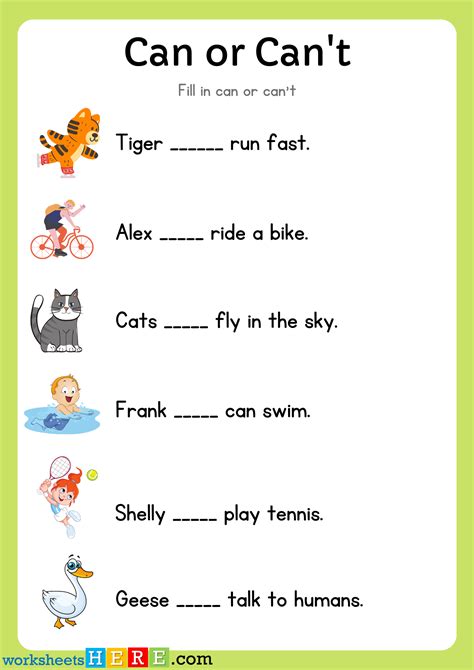 Can or Can’t Exercises and Answers with Pictures Examples PDF Worksheet ...