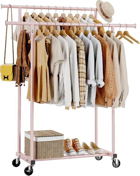 Amazon.com: HYSEYY Double Rods Clothes Rack, Sturdy Rolling Clothing ...