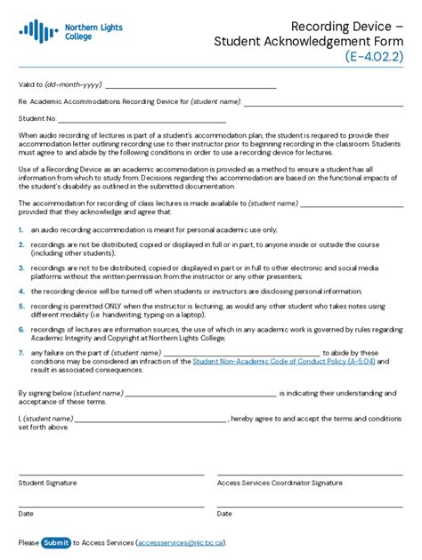 Fillable Online Recording Device Student Acknowledgment Form Fax Email ...