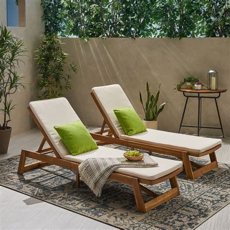 Cullen Outdoor Acacia Wood Chaise Lounge and Cushion Sets, Set of 2 ...