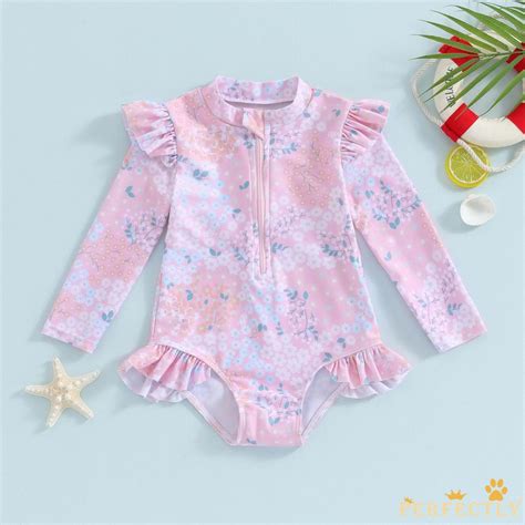 PFT-Baby Girl Romper Swimsuits Summer Ruffle Floral Print Long Sleeves ...
