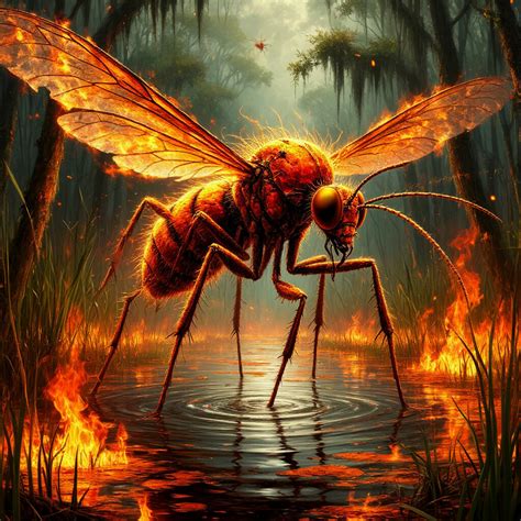 "A large fire elemental mosquito that flies over the swamp the swamp is ...