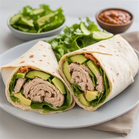 Turkey and avocado wrap in a whole grain tortilla with side salad