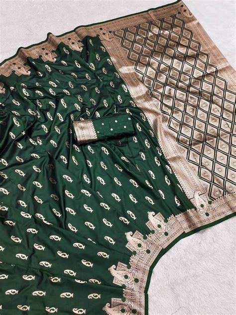 Deep Bottle Green Banarasi Silk Saree with Gold Zari Butta and Rich Pa ...