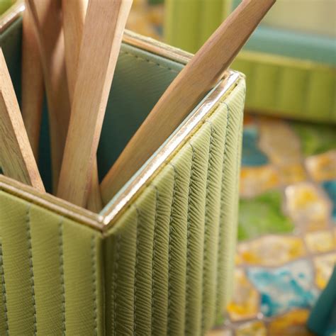 Blue & Green Stitched Faux Leather Pen Holder