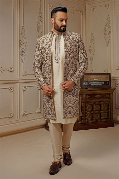 Light Beige Tussar Silk Floral Embroidered Sherwani Set