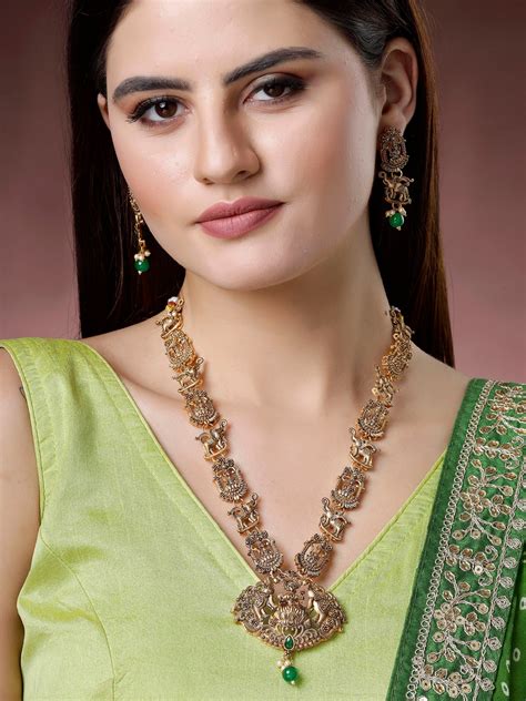 Karatcart Traditional Gold Plated Green Bead Laxmi Mata Long Temple Je