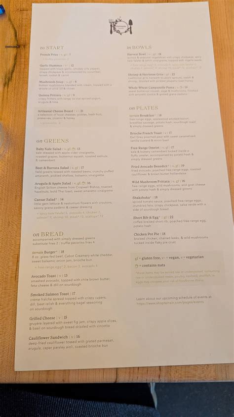 Menu at Terrain Cafe, Doylestown
