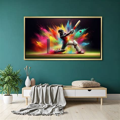 Batsman Hitting Six – Cricket Modern Art Canvas with Color Burst ...