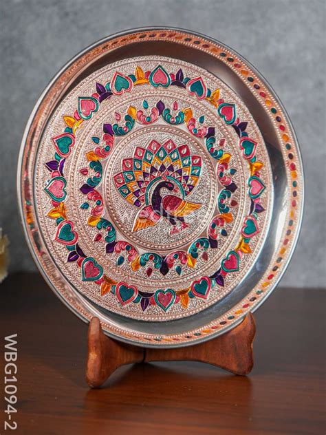 Meenakari Peacock Plate with Copper Finish - 9 inch - WBG1094-2 – Wedtree