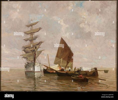 Sail boat and fishing boats on the sea. Hees, Gustaw Adolf van (1862 ...