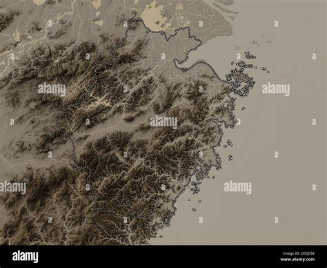 Zhejiang, province of China. Elevation map colored in sepia tones with lakes and rivers Stock ...