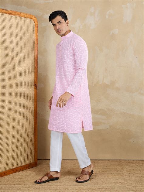 Floral Embroidered Chikankari Mandarin Collar Straight Kurta With Trou ...