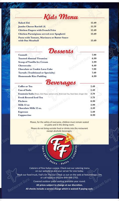 Menu at Frankie Fed's pizzeria, Freehold