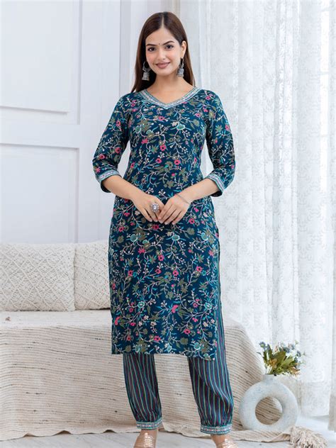 Teal Rayon Floral Print Kurta Set – Bairaj